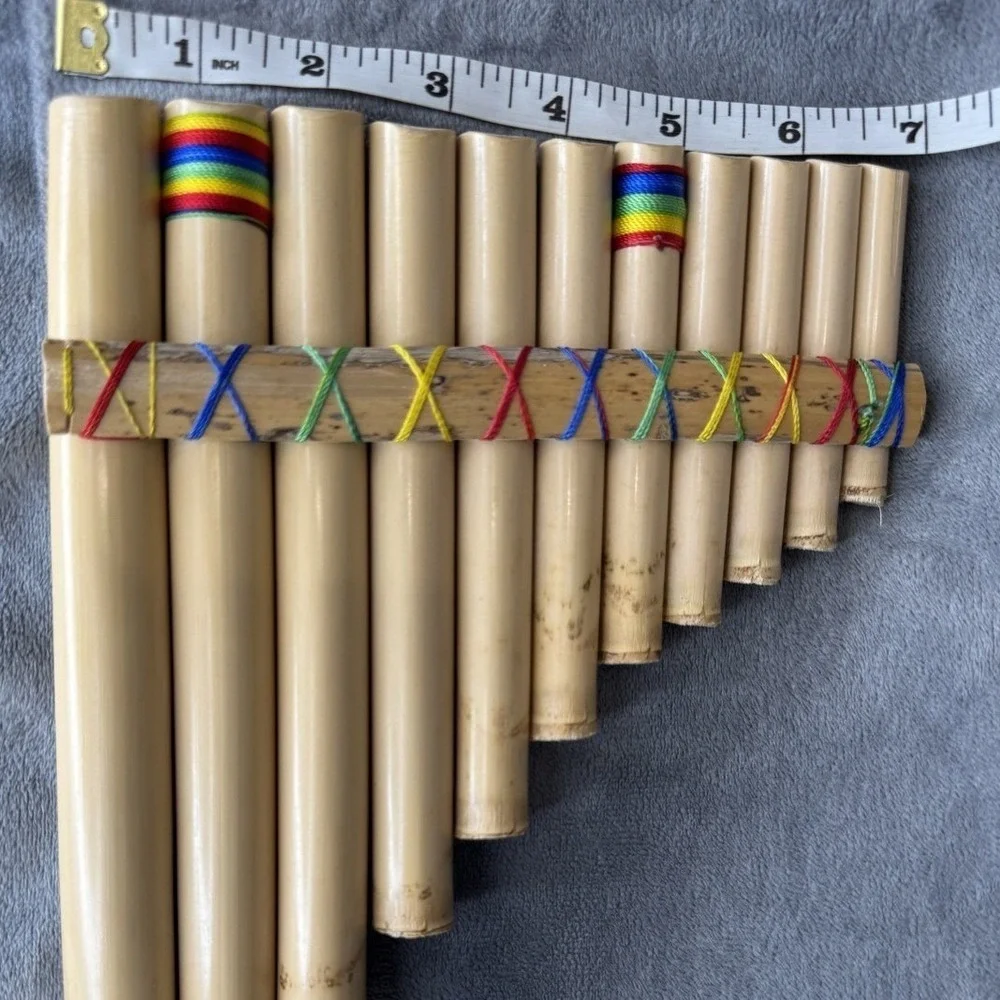 Handcrafted Bamboo Pan Flute 10 Pipe Natural Wood Wind Instrument Rainbow Wrap